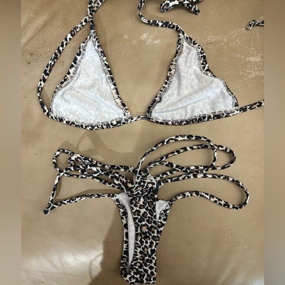 NWOT Handmade Sexy Skimpy Tri-Top Spider Strap Thong Bottom Leopard Print Bikini - Picture 4 of 6